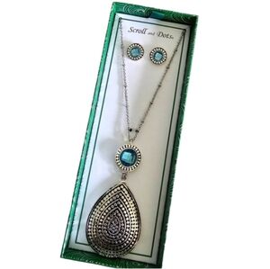 Scroll and Dots Silver Blue Rhinestone Medallion Necklace Earring Set 34"